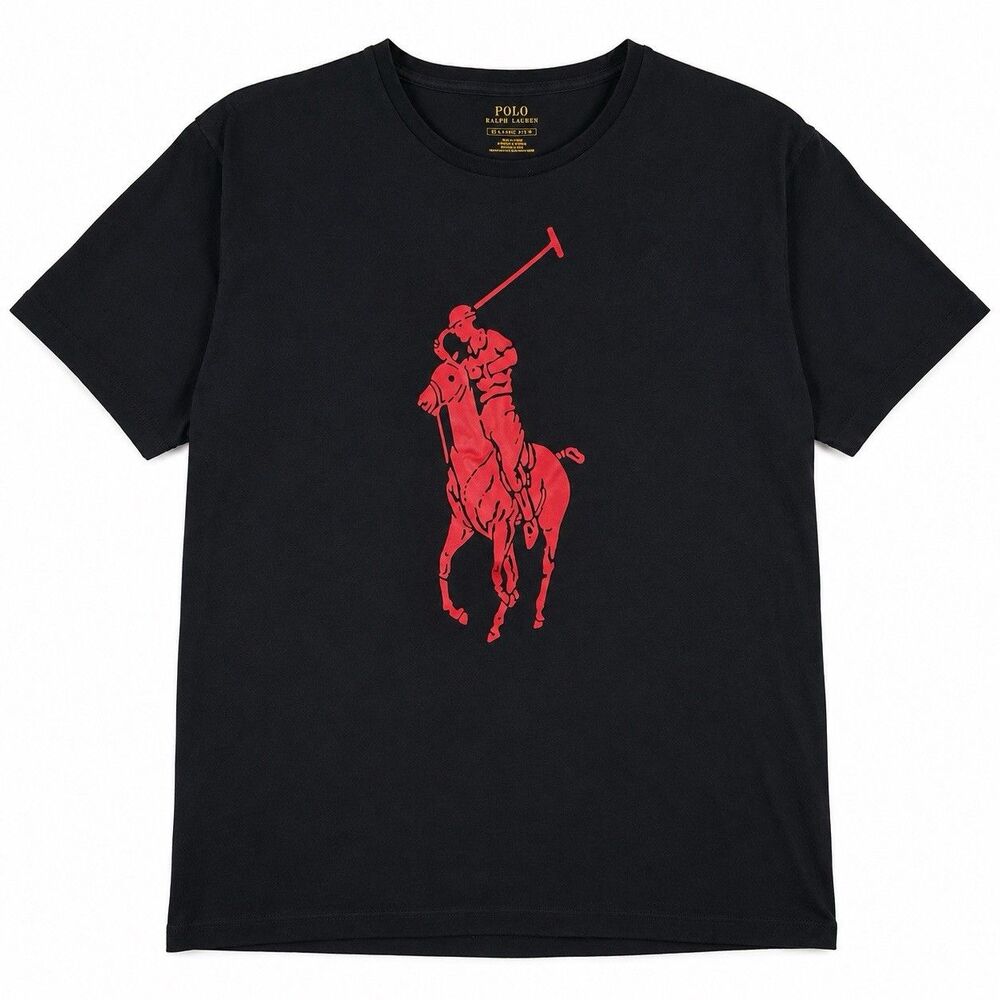 Polo Ralph Lauren Mens XL Black Big Pony Graphic T Shirt Red Logo Short Sleeve